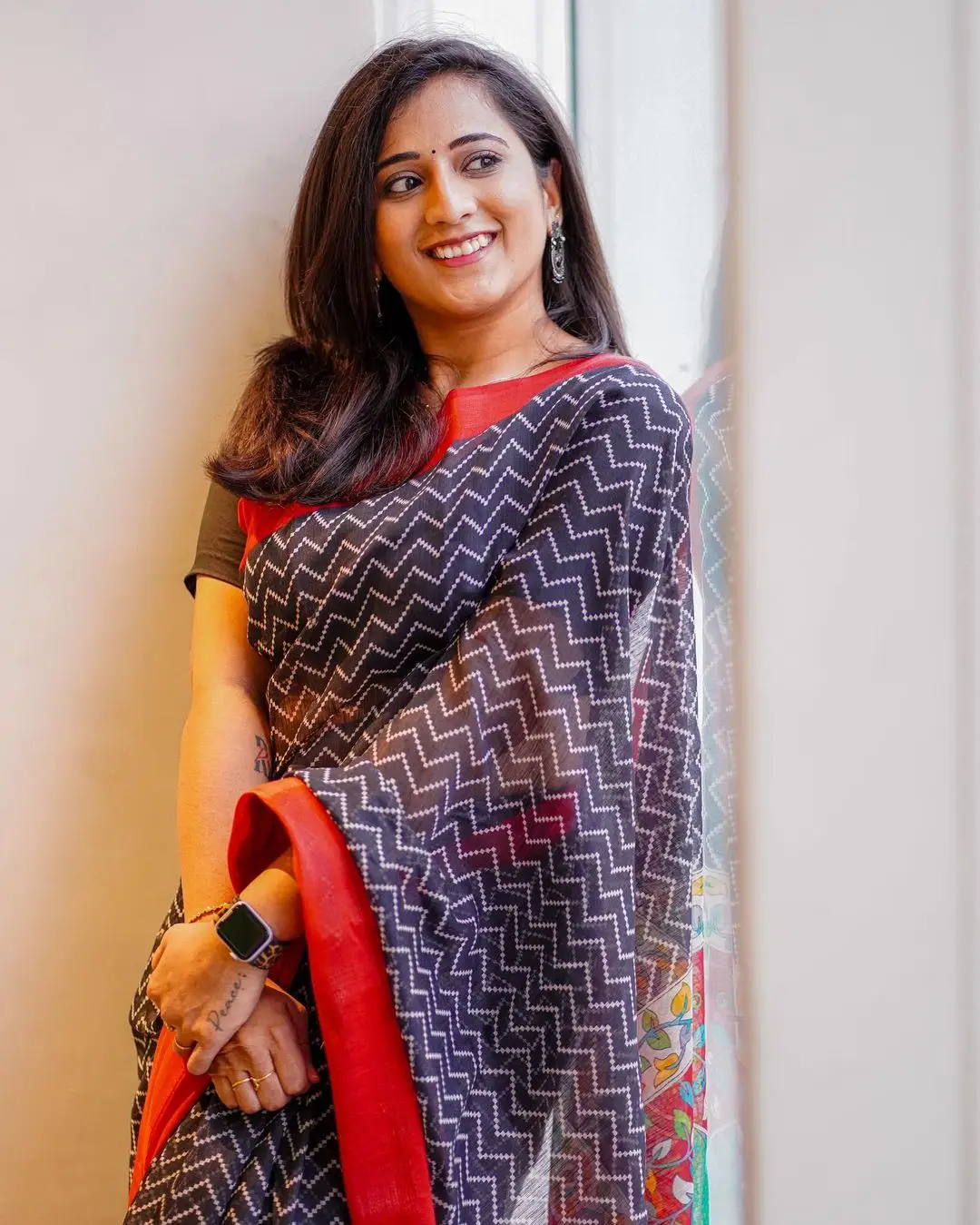 Youtube Actress Viraajita in Traditional Navy Blue Saree Blouse